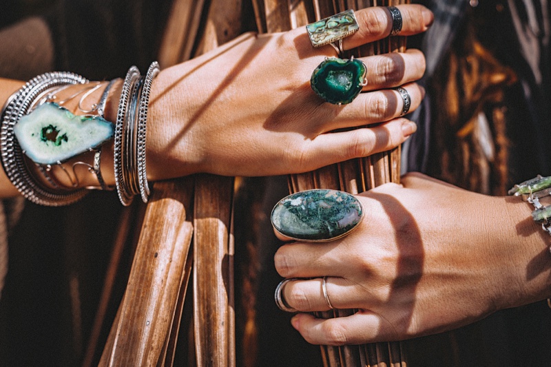 Closeup Woman's Accessories Gemstones Jewelry Rings Bracelets