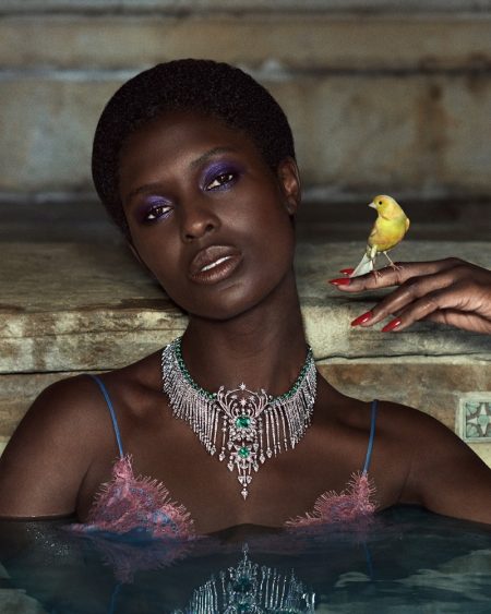 Posing with a bird, Jodie Turner-Smith shines in Gucci Hortus Deliciarum High Jewelry campaign.