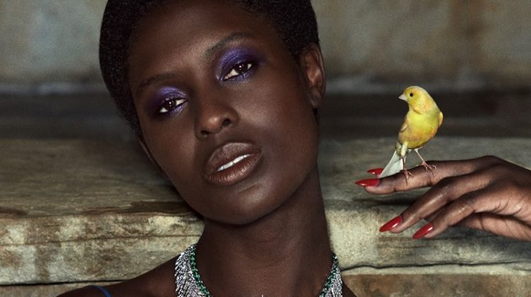 Posing with a bird, Jodie Turner-Smith shines in Gucci Hortus Deliciarum High Jewelry campaign.