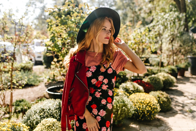 Model Floral Print Dress T Shirt Moto Jacket Hat Layered Outfit