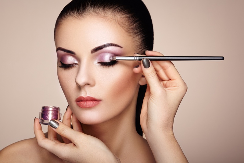 Model Glitter Pink Eyeshadow Applied Brush Makeup Beauty