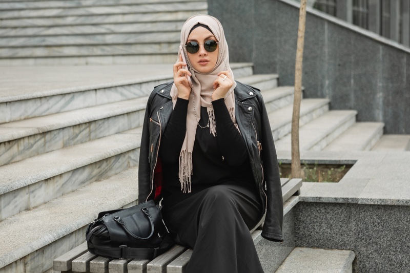 Modern Woman Hijab Fashion Leather Jacket