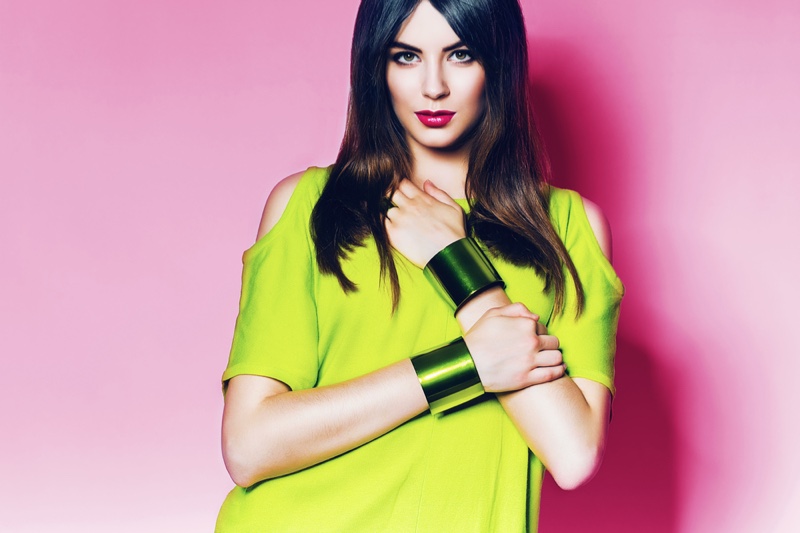 Neon Green Dress Cuff Bracelets Brunette Model