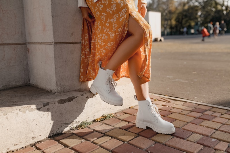 Orange Floral Print Skirt White Combat Boots Legs Cropped