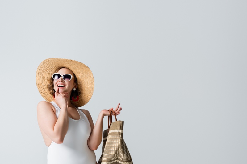 Plus Size Model White One Piece Swimsuit Straw Hat Bag Cropped