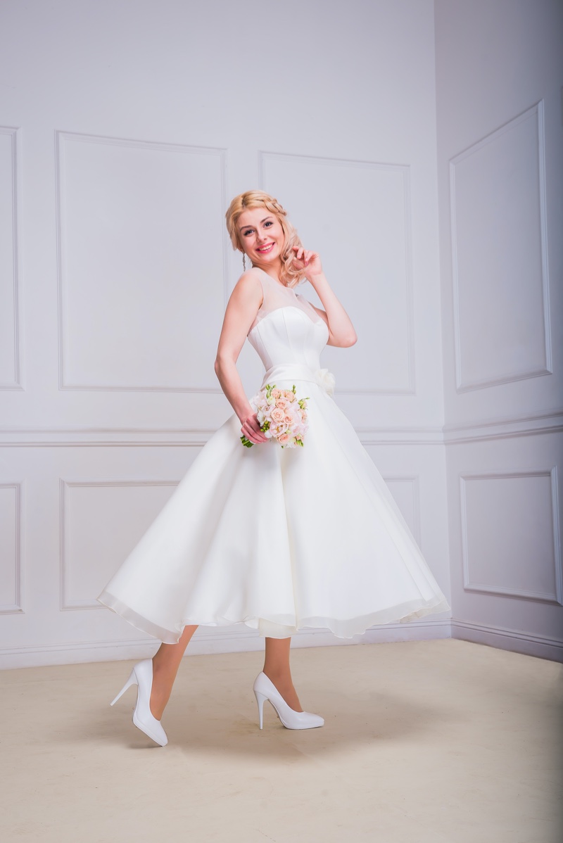 Smiling Bride Tea Length Wedding Dress