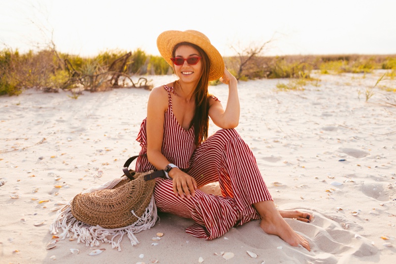 Smiling Woman Beach Striped Matching Set Boho Style