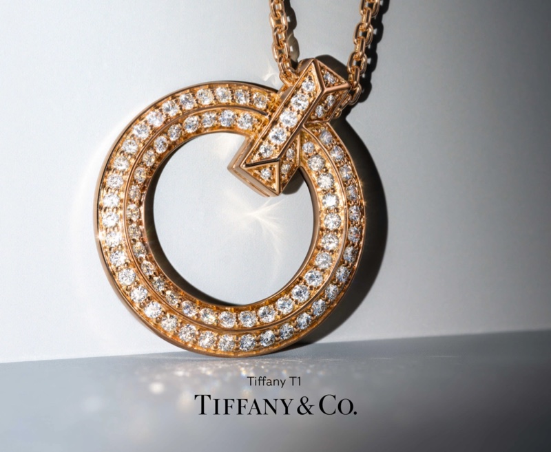 Tiffany & Co T1 Tiffany campaign with circle pendant in 18k rose gold with diamonds.