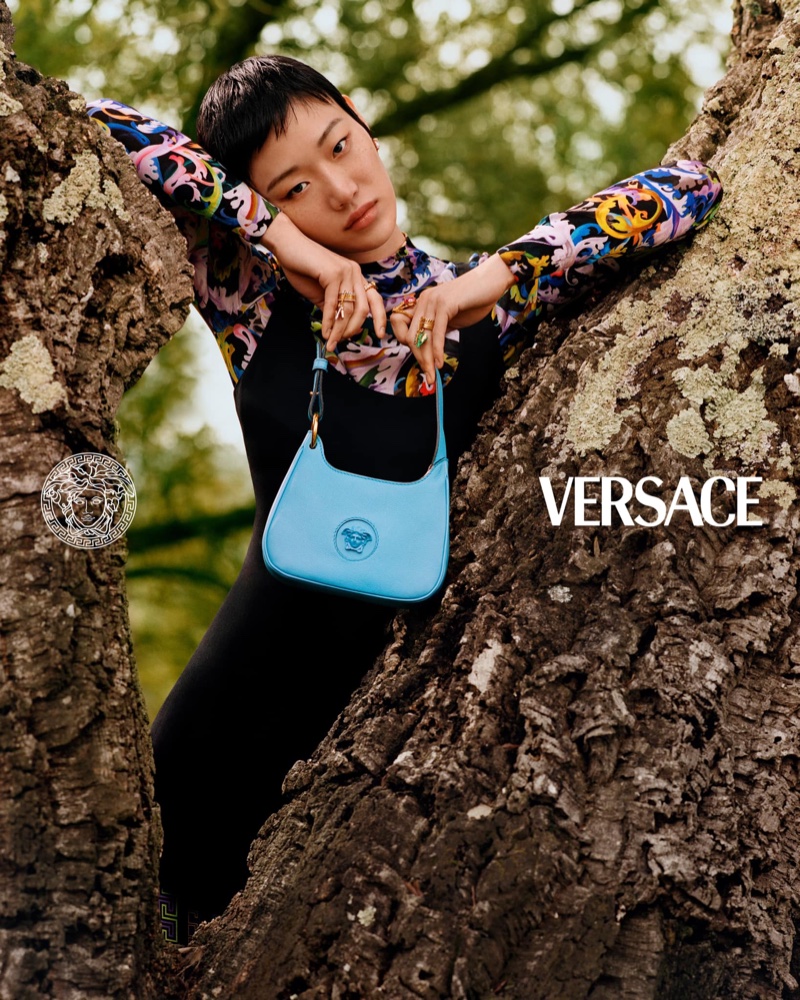 Sora Choi poses with La Medusa bag for Versace pre-fall 2021 campaign.
