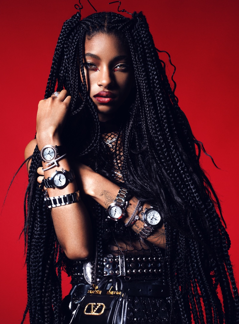 Singer Willow Smith wears Valentino dress with Cartier watches.