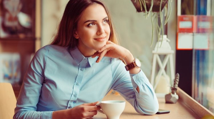 Woman Blue Button-up Shirt Cup Coffee Tee Espresso