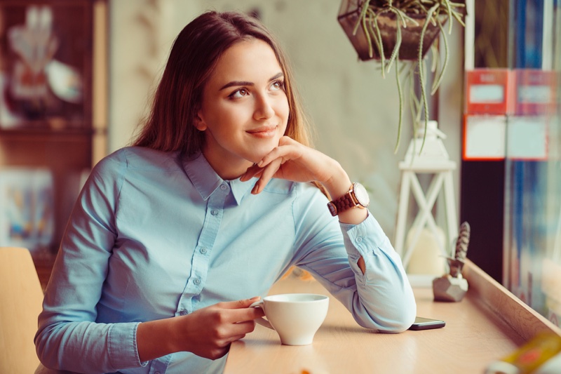 Woman Blue Button-up Shirt Cup Coffee Tee Espresso