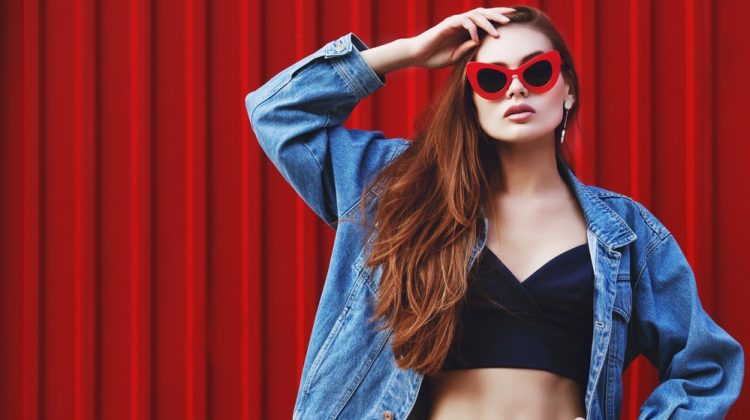 Woman Bralette Red Cateye Sunglasses Denim Jacket