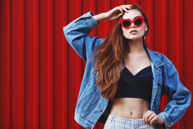 Woman Bralette Red Cateye Sunglasses Denim Jacket