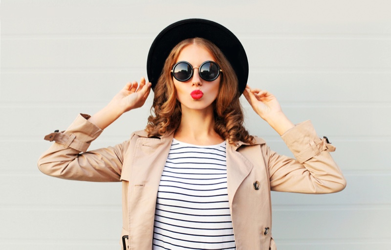Woman Coat Sunglasses Striped Shirt Hat