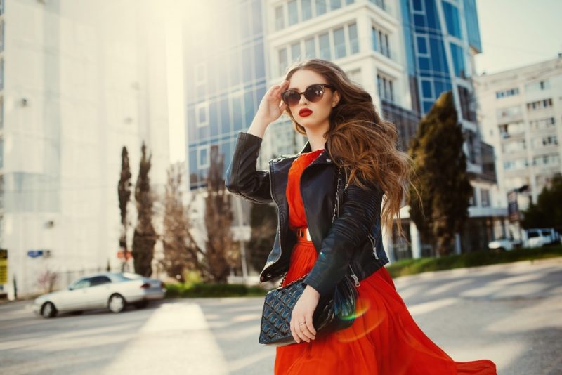 Woman Leather Jacket Red Dress