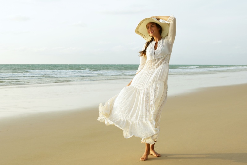 Woman Long White Dress Beach Sun Hat Summer