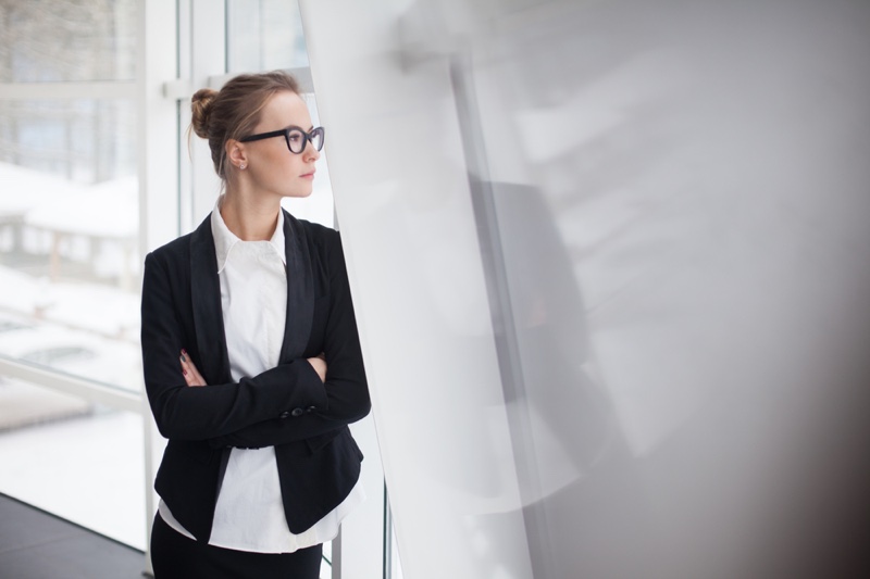 Woman Office Suit Jacket White Shirt Standing Wall