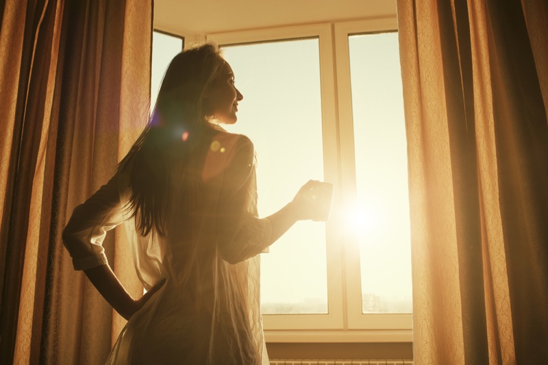 Woman Window Curtains Sunlight