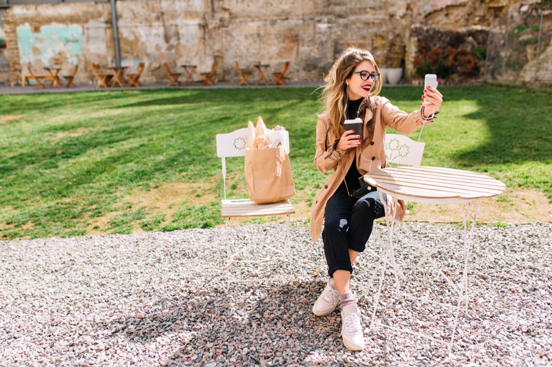 Young Woman Filming Phone Youtube Vlogger Outside