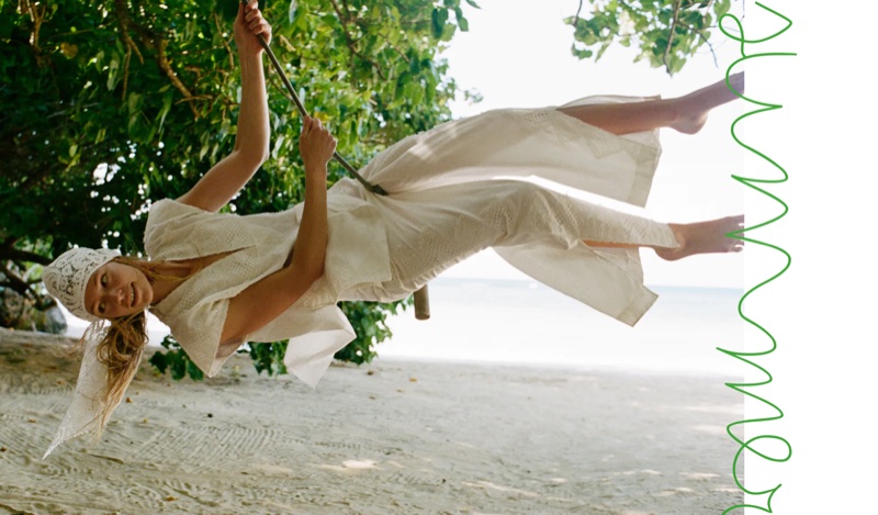 Model Nikki McGuire wears Zara lace trim linen top and matching pants.