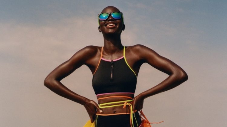 Zara Cross Strap Bikini Top and High-Waisted Bikini Bottoms with Piping.