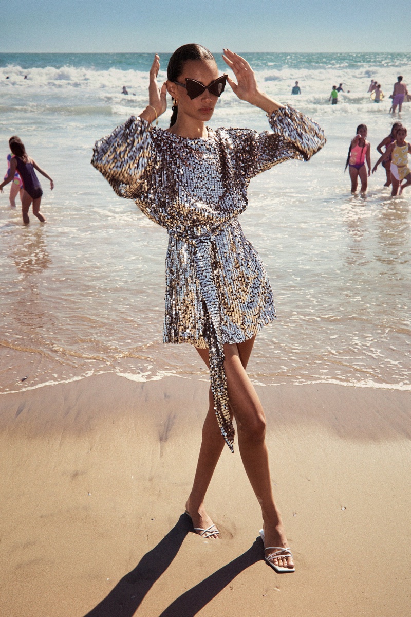 Binx Walton wears Zara sequin mini dress.