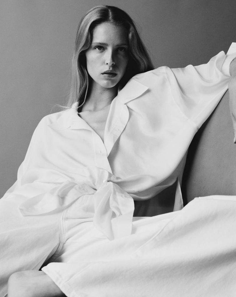 Posing in black and white, Abby Champion fronts Massimo Dutti Sorbet Check summer 2021 editorial.