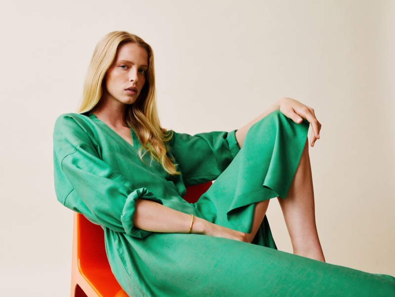 Model Abby Champion wears Massimo Dutti Flowing Wrap Dress.