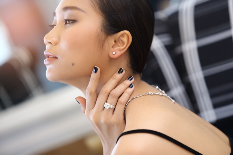 Asian Model Diamond Ring Black Nails
