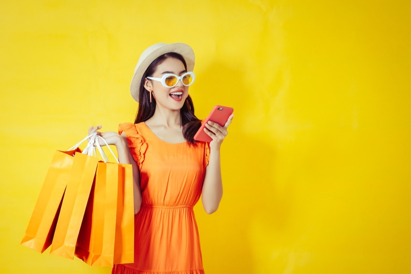 Asian Model Shopping Bags Phone Orange Dress