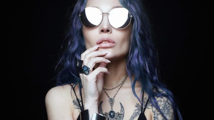 Beauty Model Sunglasses Purple Hair Tattoos Jewelry Alt