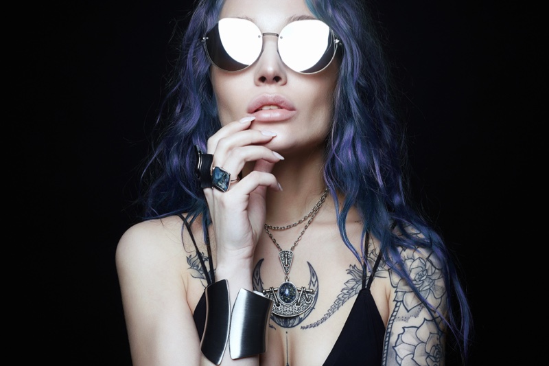 Beauty Model Sunglasses Purple Hair Tattoos Jewelry Alt