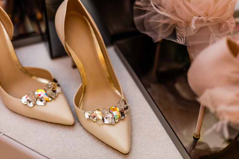 Beige Embellished Crystal Heel Pumps