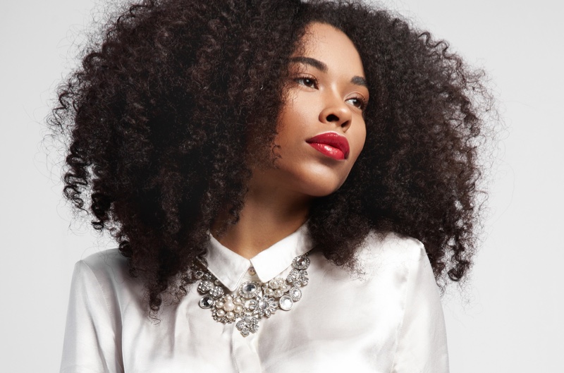 Black Woman Curly Natural Hair Red Lipstick