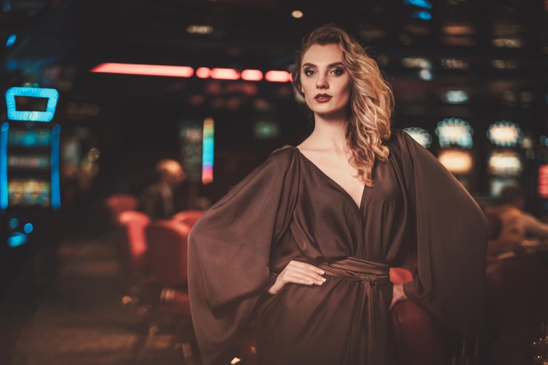 Blonde Woman Casino Interior Full Sleeve Dress