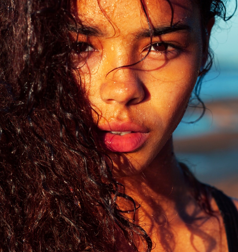 Brown Model Wavy Wet Hair Closeup