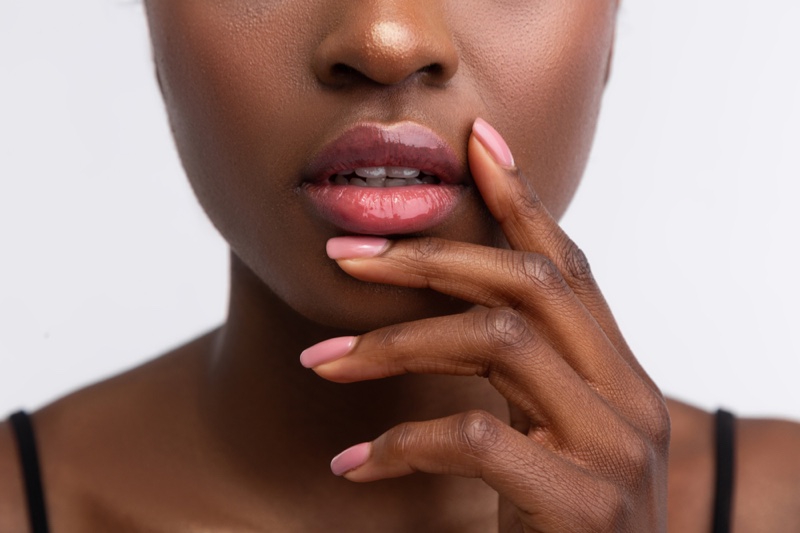 Closeup Black Woman Pink Manicure Glossy Lips