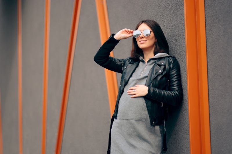 Cool Pregnant Woman Leather Jacket Sweatshirt Dress