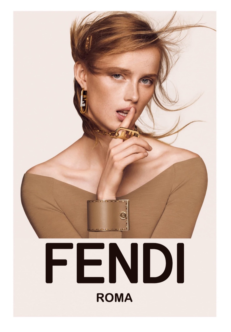 Model Rianne van Rompaey appears in Fendi fall-winter 2021 campaign.