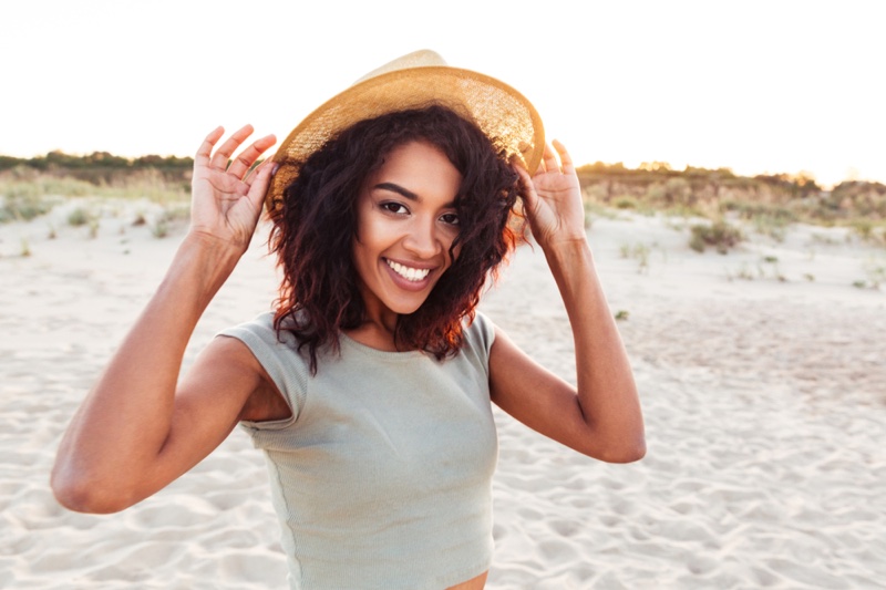Happy Healthy Black Woman Beach Summer Hat