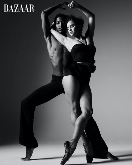 Misty Copeland, Xin Ying Dance for the Pages of Harper's BAZAAR Calvin Royal III and Misty Copeland pose in black and white image.