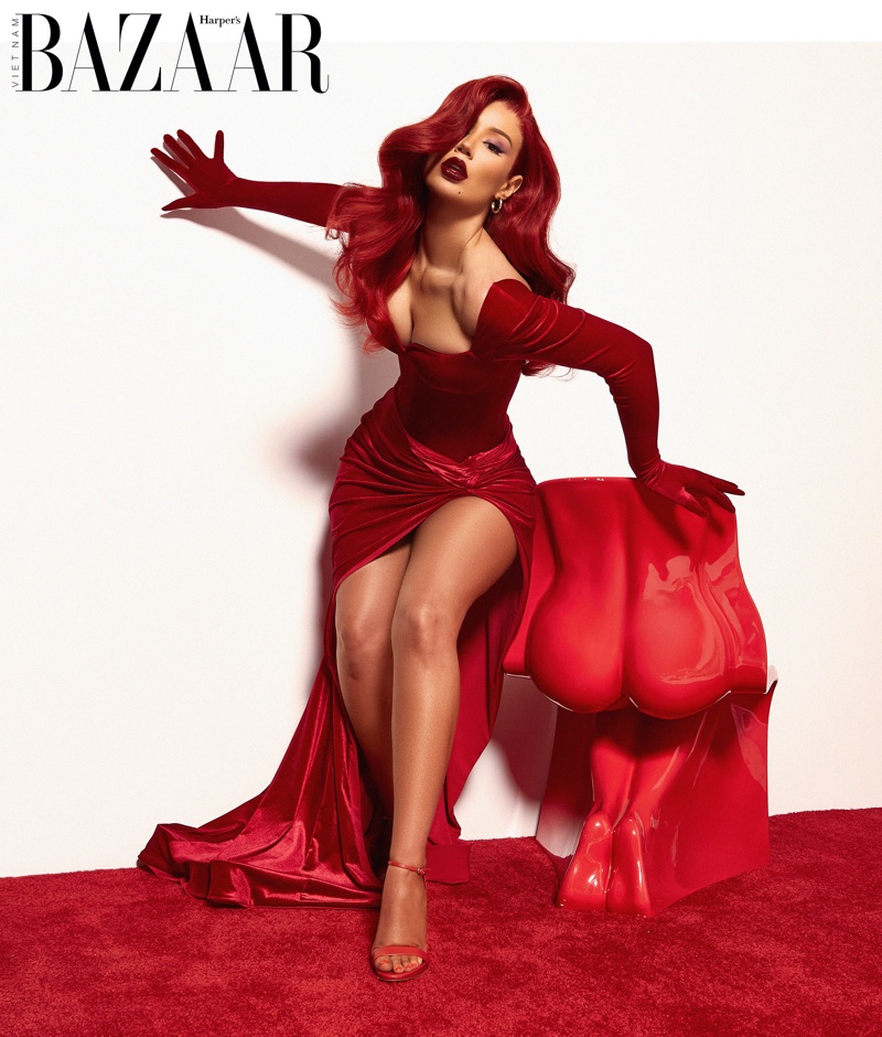 Iggy Azalea channels Jessica Rabbit in red Lia Stublla dress. Photo: Thom Kerr / Harper's Bazaar Vietnam