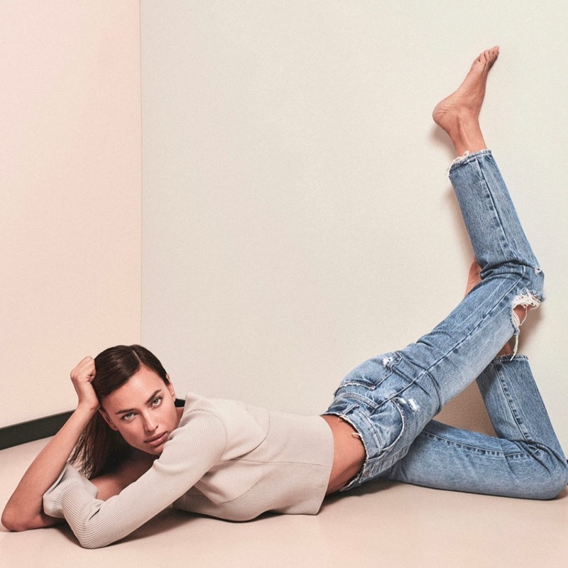 Supermodel Irina Shayk poses in rip denim for DL1961 fall-winter 2021 campaign.