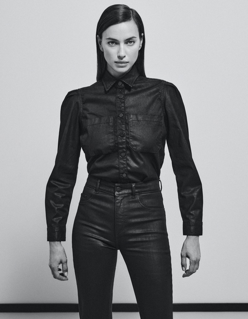 Posing in black and white, Irina Shayk fronts DL1961 Denim fall-winter 2021 campaign.