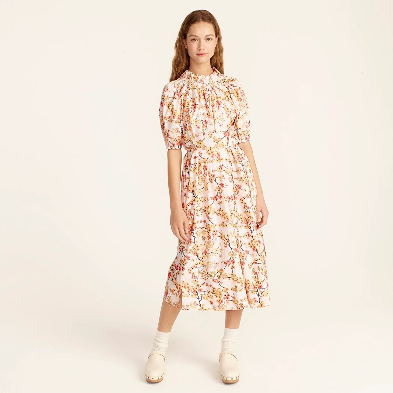 J. Crew Smocked Neck Puff-Sleeve Dress in Cherry Blossoms $128