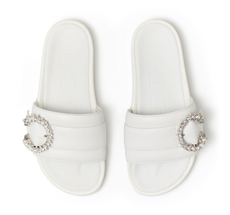 Jimmy Choo Fallon White Leather Slides with Crystal Buckle $475