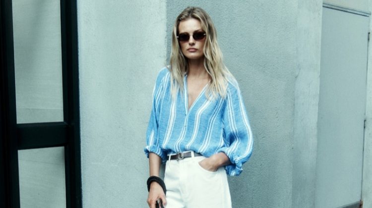 Massimo Dutti Striped Shirt with Polo Collar, Trousers, Braided Leather Tote Bag, and Leather Sandals with Asymmetric Upper.