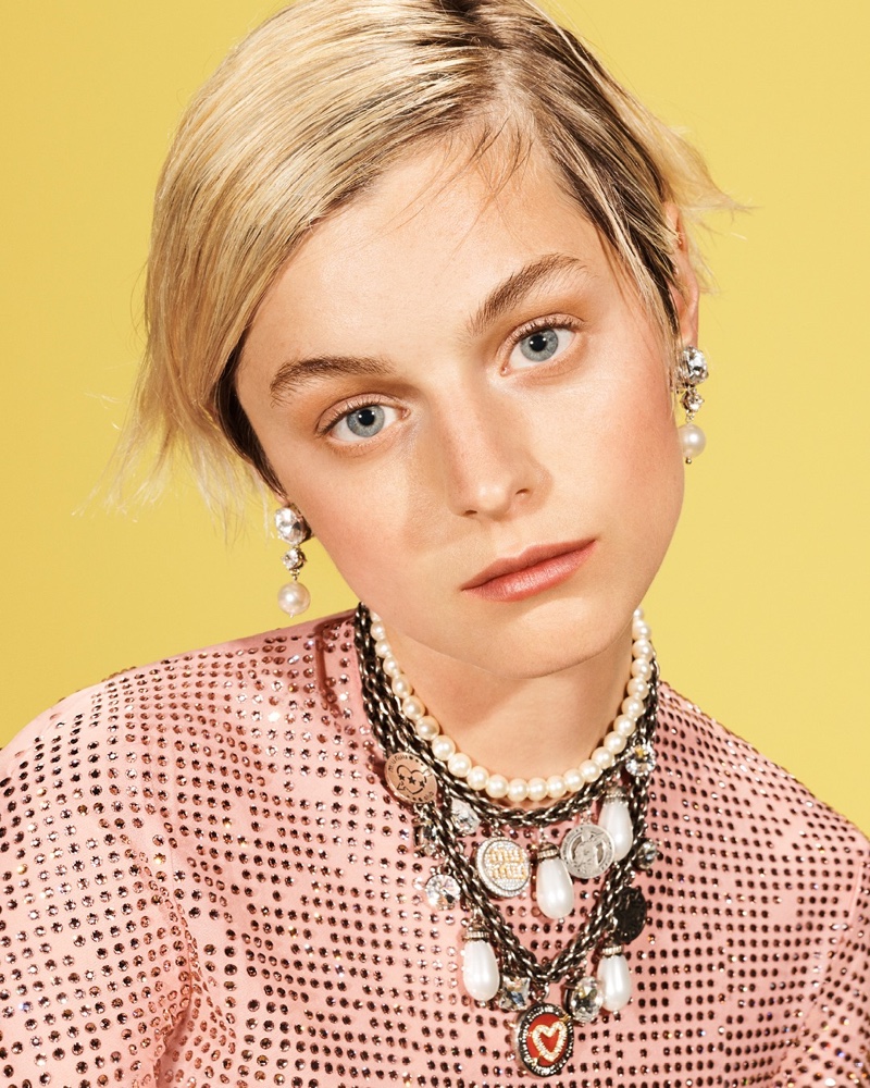 About Face: Emma Corrin wears jewelry in Miu Miu fall-winter 2021 campaign.