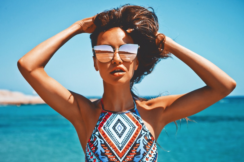 Model Mirrored Sunglasses Trendy Print Top